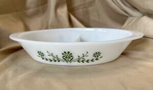 Vintage Glasbake Divided Baking Dish White with Green Flowers